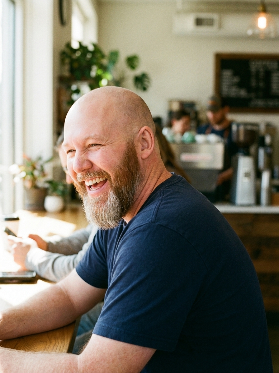 Lifestyle portrait at coffee shop, natural morning light, soft bokeh, candid laugh, warm film tones