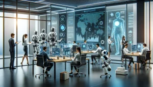 A futuristic workplace with diverse professionals working alongside AI-powered robots. The office is sleek and modern, with transparent walls and large